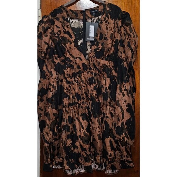PrettyLittleThing Brown & Black Animal Print Mini Dress With Puff Sleeves & Tier - Picture 3 of 6